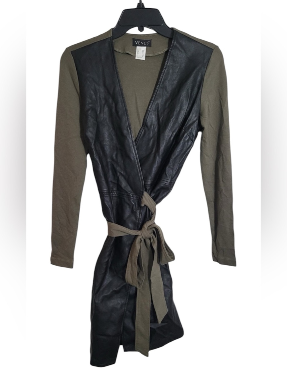 VENUS Black Faux Leather & Olive Green Tie-Waist Coatigan